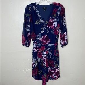 IZ BYER Blue & Pink Overside Floral Sash Belt Shift Dress Medium